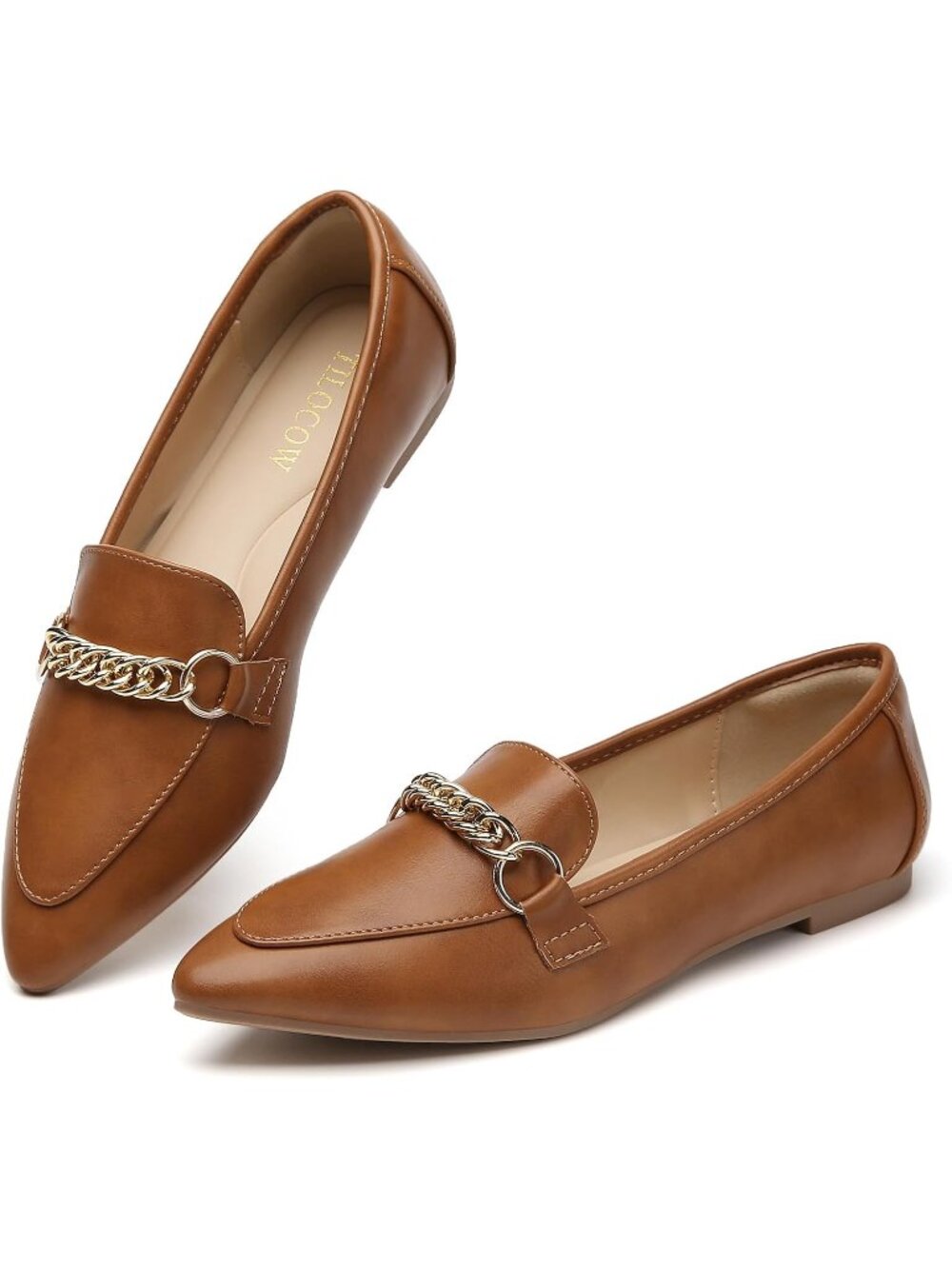 Women's Brown Comfortable Metal Chain Pointed Toe Slip on Fashion Work Flat Shoe